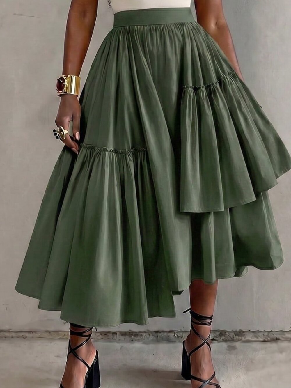 Green Casual Women's Elegant Brunch asymmetrical ruffled Skirt - Picture 5 of 5